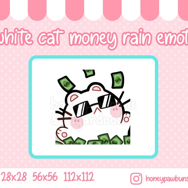 Twitch Emote White Cat Money Rain, throwing money. Funny kitty emoji for live stream, youtube streamer, twitch channel and discord