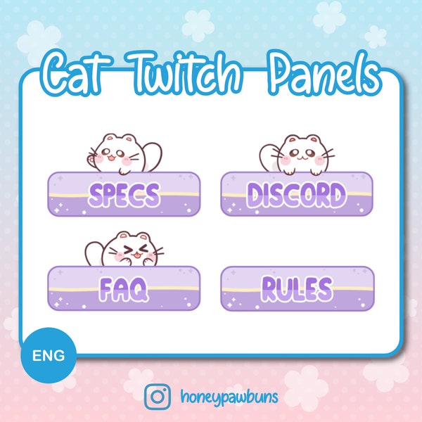 Lila Twitch Panel mit weißen Katzen, Englisch. Niedliche Live Stream Info Grafiken in Pastellfarben