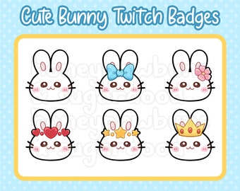 Set di badge Twitch Conigli bianchi. Distintivi di tifo con facce di coniglio Kawaii per gli streamer live di Twitch