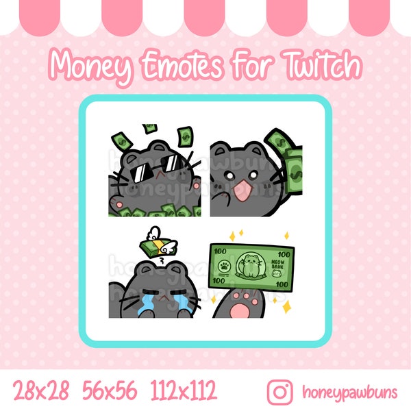 Twitch Emote-set: zwarte katten met geld. Grappige Chubby Cat Emoji's voor Live Stream, Youtube, Twitch Channel en Discord.