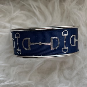 Cuff Bracelet 1” Stainless Featuring Navy and Silver Horse Bit Print