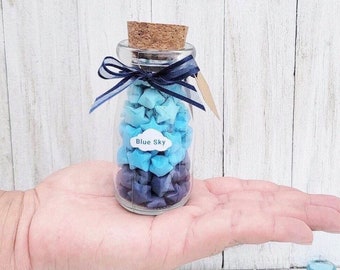 Summer sky in a decorated glass bottle, tiny blue 3d origami stars, wishing stars in a jar, home decoration. unique gift, Father's Day,