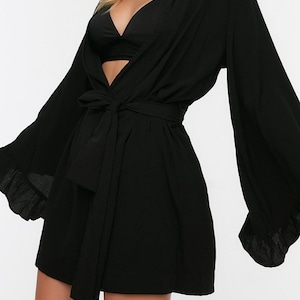 Black Sheer Kimono Wrap Women Beach Cover Up, Soft Viscose Robe, Casual Kimono Robe Resort wear, Birthday Gift Her Gift Vacation Gift
