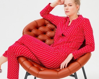 Cotton Pajamas Women Elegant Xmas Pjs, Button Down Preppy Pjs