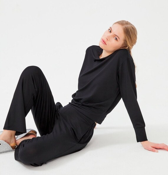 Womens black loungewear set sale