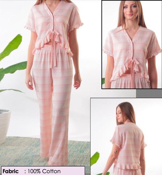 Cotton Loungewear Women Preppy Pjs Ruffle Pajama Set Casual Pants Crop Top Lounge Set Soft Sleepwear Casual PJ Set Comfy Xmas Gift Her Etsy Canada