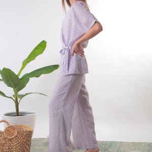 Lilac Polka Dot Pajama Set: Kimono Top, Wide Leg Pants