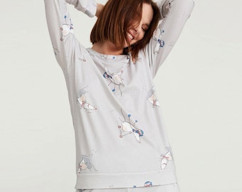 Turkish Cotton Pajama Set: Long Sleeve Mice Print Holiday Loungewear