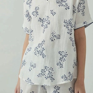Cotton Sleepwear Soft Summer Pajamas, Casual Loungewear Set with Shorts, Embroidery Floral PJs, Birthday Gift Her Gift Mom Gift