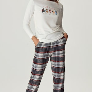 Katoenen pyjama's Dames Preppy Pjs, Gezellige Pjs, Vakantie Nachtkleding, Warme Pyjama Set, Leuke Geruite Pjs, Velvet Top Pj, Cat Lover Gifts, Gezellig cadeau Haar