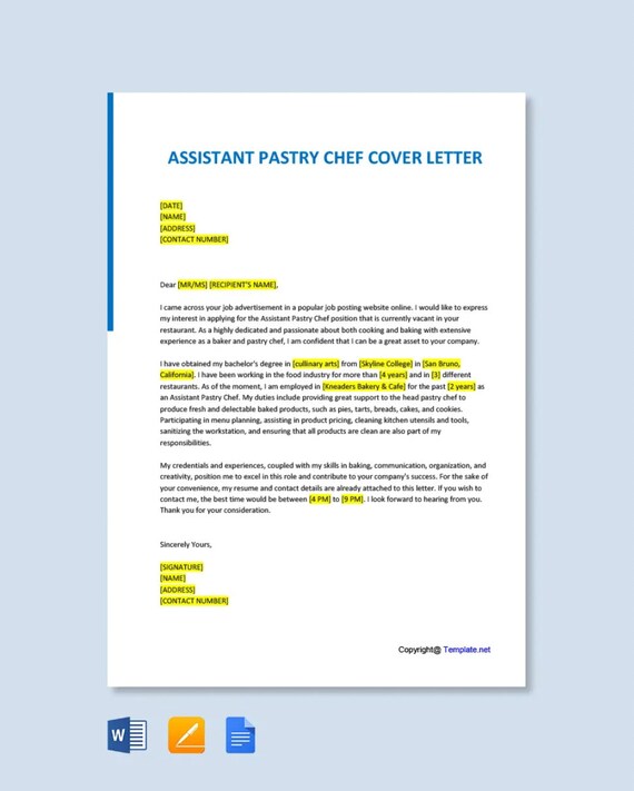 COVER LETTER Assistant Pastry Chef Editable Cover Letter Etsy