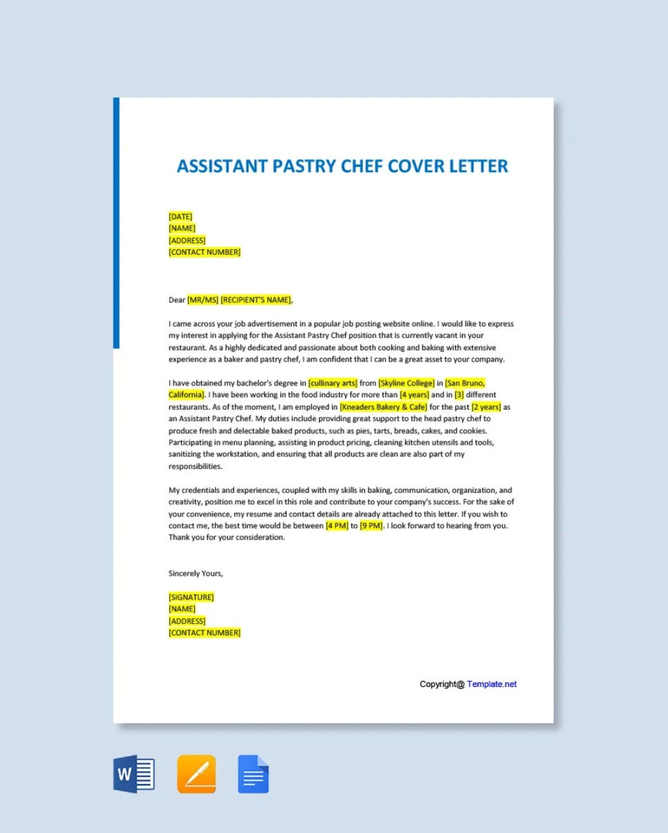 COVER LETTER Assistant Pastry Chef Editable Cover Letter Affordable