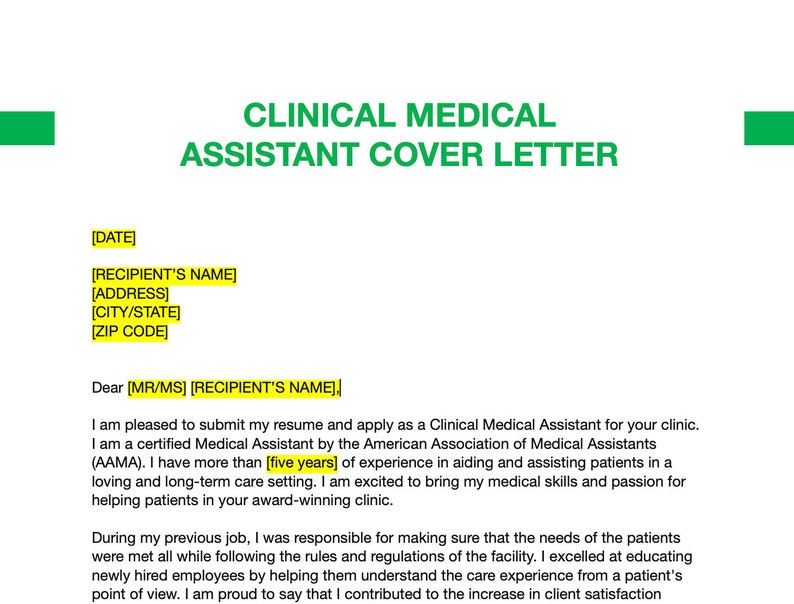 COVER LETTER Clinical Medical Assistant Editable Template for a
