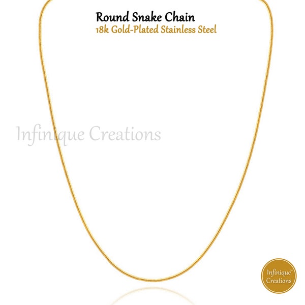 18K Gold Plated Stainless Steel Round Snake Chain Necklace Men Women 1mm-3mm Hypoallergenic Jewelry, Pendant Chain