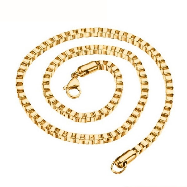 18K Gold Plated Stainless Steel Box Chain Bracelet Necklace Men Women 1mm-4mm Hypoallergenic Chain, Non Tarnish Jewelry