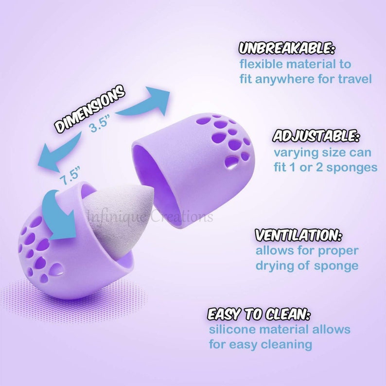 May include: Purple silicone sponge holder with a mesh design. The holder is adjustable to fit one or two sponges and has a ventilation design for drying. It is 7.5 inches tall and 3.5 inches wide.