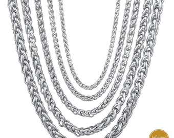 316 Stainless Steel Silver Wheat Braided Chain Bracelet Necklace Men Women 7&quot; - 38&quot; Hypoallergenic Chain Non Tarnish