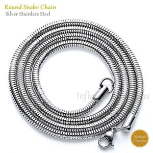 Stainless Steel Silver Round Snake Chain Necklace Men Women 1mm to 3mm Non-Tarnish and Hypoallergenic 7" to 30"