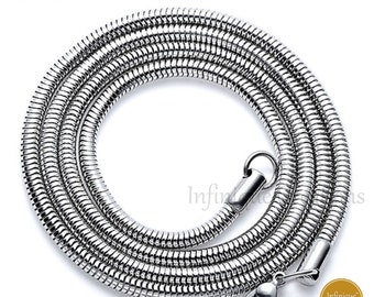 Stainless Steel Silver Round Snake Chain Necklace Men Women 1mm to 3mm Non-Tarnish and Hypoallergenic 7" to 30"