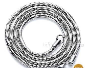 Stainless Steel Silver Round Snake Chain Necklace Men Women 1mm to 3mm Non-Tarnish and Hypoallergenic 7" to 30"