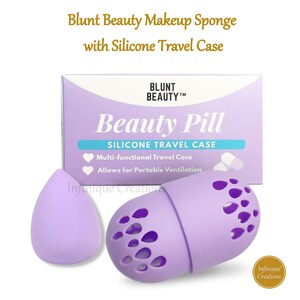 May include: Purple makeup sponge with a silicone travel case. The case has a  "Beauty Pill" label and says "Multi-functional Travel Case" and "Allows for Portable Ventilation".