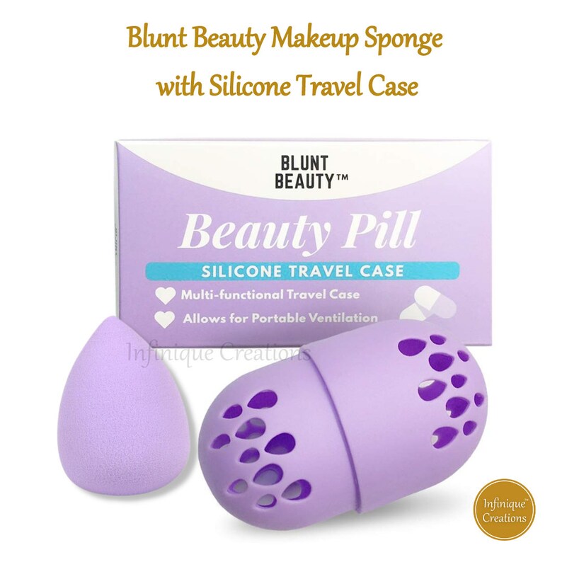 May include: Purple makeup sponge with a silicone travel case. The case has a  "Beauty Pill" label and says "Multi-functional Travel Case" and "Allows for Portable Ventilation".