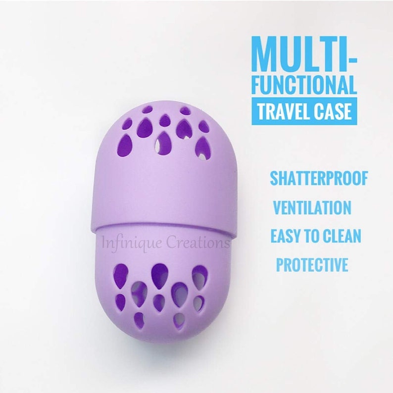 May include: Purple silicone makeup sponge holder with holes for ventilation. The holder is labeled "Infinifique Creations" and says "MULTI-FUNCTIONAL TRAVEL CASE" and "SHATTERPROOF, VENTILATION, EASY TO CLEAN, PROTECTIVE".