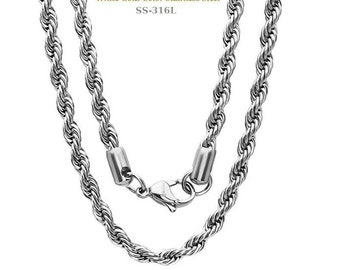 Stainless Steel Silver Rope Chain Waterproof Bracelet Necklace for Men Women 2mm to 8mm