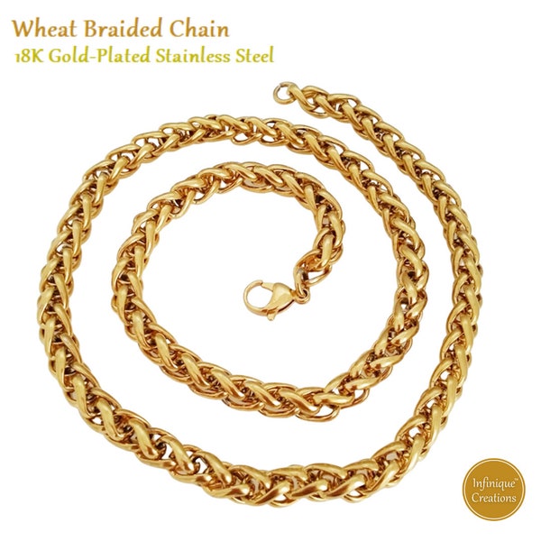 18K Gold Plated Stainless Steel Wheat Braided Chain Bracelet Necklace 3mm - 8mm