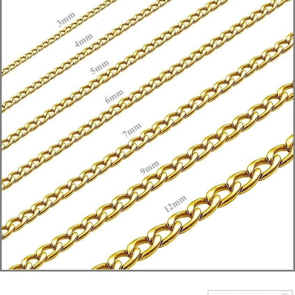 18K Gold Plated Stainless Steel Cuban Curb Chain Bracelet Necklace Hypoallergenic Jewelry 3~12mm