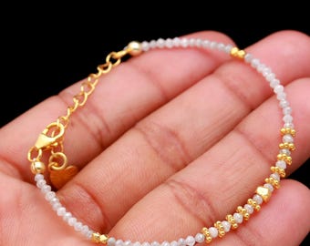 Handmade White Diamond Bracelet: Gemstone Beaded Gold Filled Jewelry