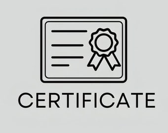 May include: Black and white line art illustration of a certificate with a ribbon and a star. The text "CERTIFICATE" is below the image.