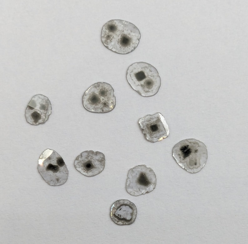 May include: A collection of ten small, clear, translucent, irregularly shaped stones with black inclusions. The stones are scattered on a white surface.