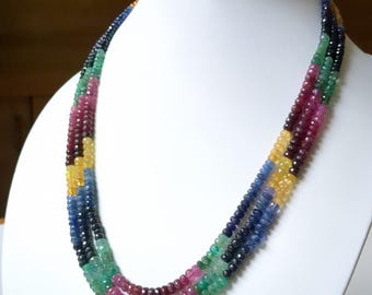 Stunning Multi-Color Sapphire Ruby Emerald Faceted Rondelle Beads – 33 Ctw, 8.5" Strand