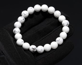 Pulsera de howlita blanca hecha a mano: cuentas de cristal de 8 mm, ajuste elástico