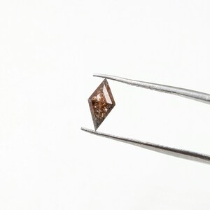 May include: A brown diamond with a kite shape is held by tweezers against a white background.