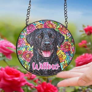 Black labrador retriever Stained Glass Suncatcher/ personalized Preppy floral window decor/ Custom Pet Name memorial gift for dog Lover Mom