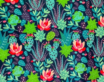 Tejido de poliéster con diseño de cactus y suculentas, tejido floral verde y rosa, tejido liso y brillante, tejido artesanal con flores botánicas estilo cottagecore personalizado.
