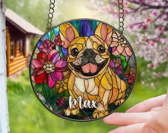Acchiappasole in vetro colorato con bulldog francese fulvo/Stampa personalizzata per cani/Nome personalizzato per animali domestici, regalo per gli amanti dei bulldog francesi, decorazione per finestre per cani, mamma e papà