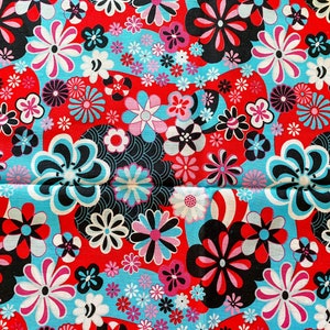 Japanese kimono fabric/ black red flower fabric/ cherry blossom fabric/ floral cotton woven fabric/ sakura fabric/ ship in 2 business days