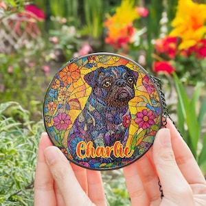 Black Pug floral Stained Glass Suncatcher/ Custom Pet Name memorial present/ Dog Mom Dad window home Decor/ Personalized Dog gift for her