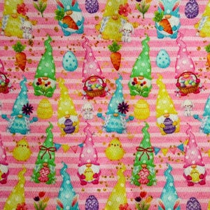 easter gnomes Polyester Knit Fabric/ pink bunny chicks spring stretch fabric/ apparel fabric