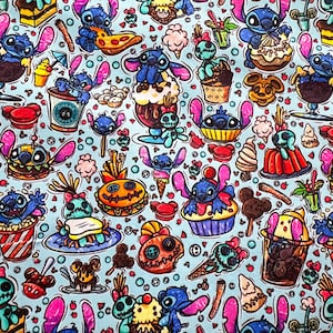 Disney Stitch Cotton Woven Fabric – Cupcake Characters Print – cartoon Apparel Fabric – Custom Fabric for Summer, Spring & Fall quilting