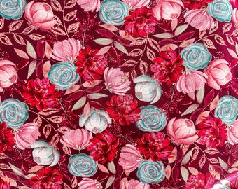 tessuto in lycra di cotone con motivo floreale rosa bordeaux preppy/ tessuto in maglia con fiori di peonia/ tessuto per abbigliamento rosso glitter vintage/ tessuto elasticizzato metallizzato
