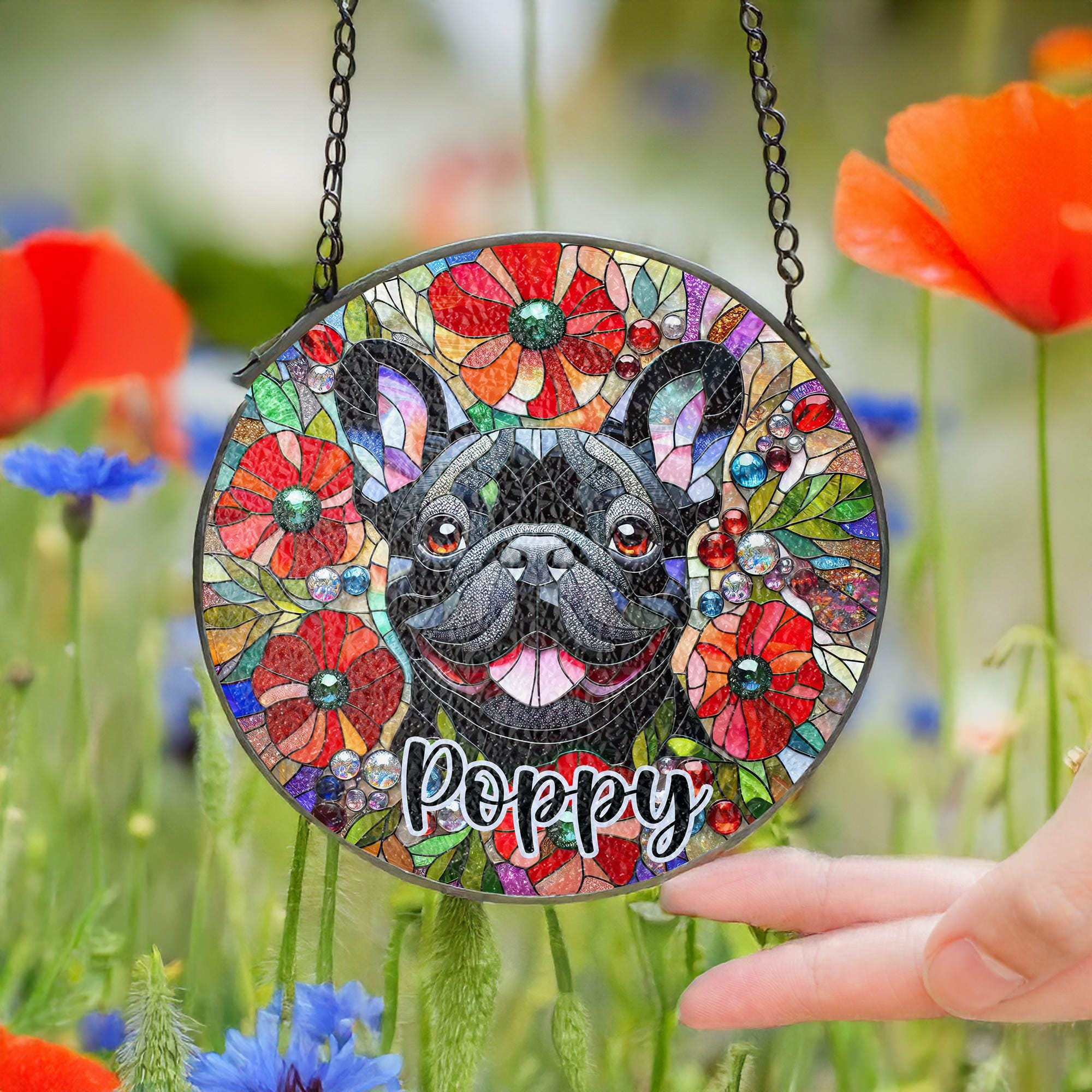 フレンチブルドッグのサンキャッチャー:ステンドグラスの犬用 フレンチブルドッグのサンキャッチャー:ステンドグラスの犬用