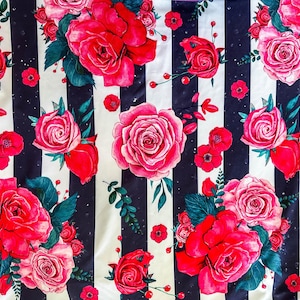 Rose floral Stripe knit Fabric/ Red flower Black White Stripes fabri/ Vintage 4-way Stretch Spandex polyester fabric/ elastic apparel fabric