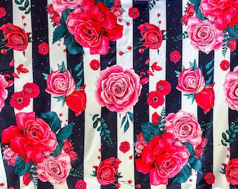 Tessuto a maglia a righe con fiori rosa/ Tessuto a righe bianche e nere con fiori rossi/ Tessuto in poliestere spandex elasticizzato in 4 direzioni vintage/ Tessuto elastico per abbigliamento
