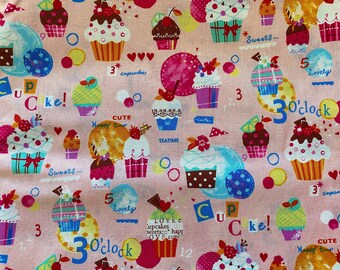 Japanese cupcake fabric/ cute pink  fabric/ cotton woven fabric/ birthday food fabric/ spring summer fabric