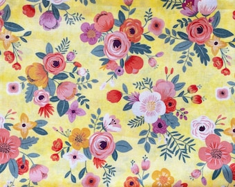 Yellow Floral Cotton woven Fabric | Spring Rose Print Quilting Material