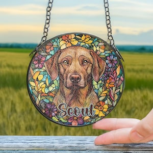 Chocolate labrador retriever Stained Glass Suncatcher/ Custom Pet Name memorial present/ Dog Mom Dad window Decor/ Personalized Dog gift